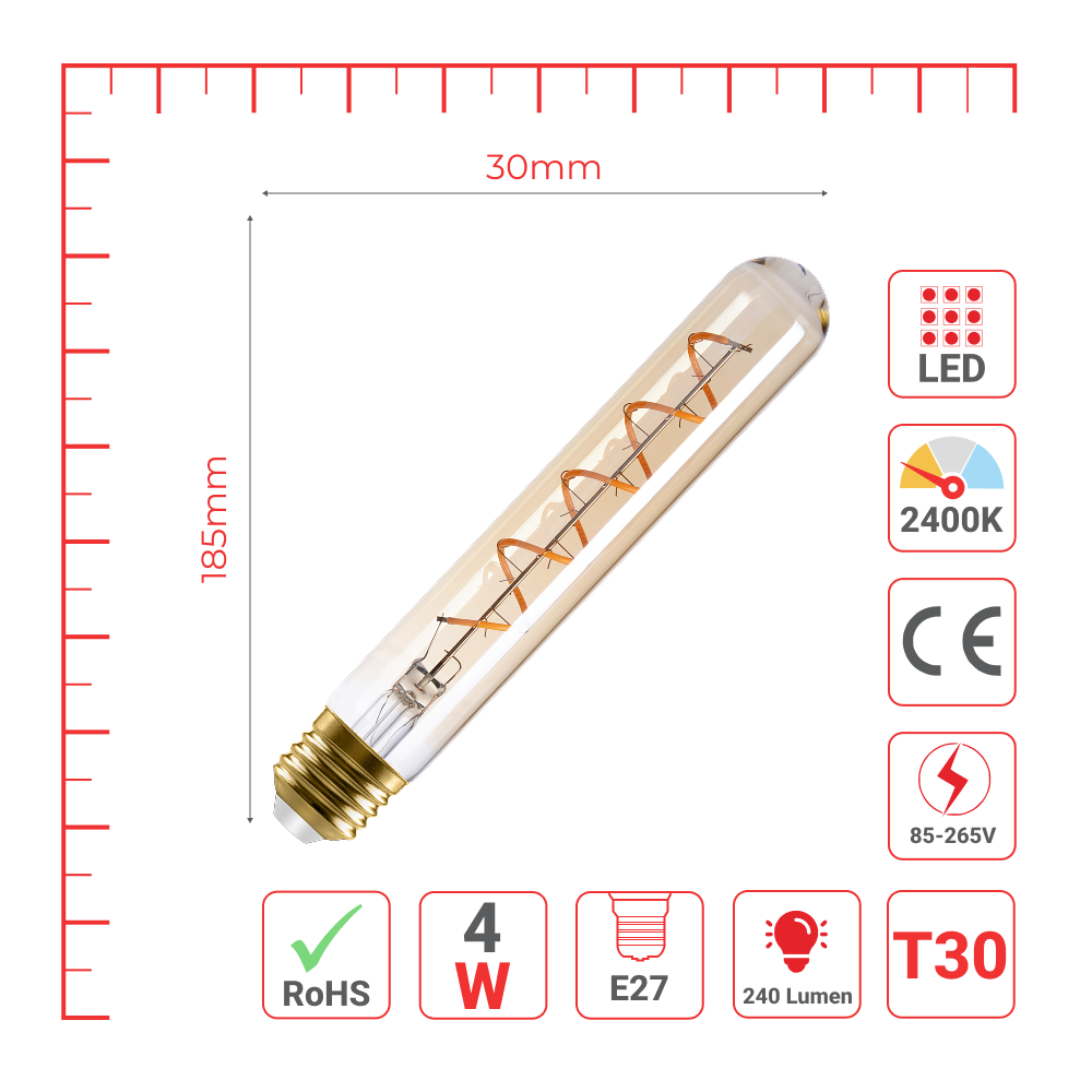 LED лампа T30 (найсимон), 4Вт, 240Лм, E27, 2400K (илиқ оқ), Янтарь ранг