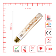 LED лампа T30 (найсимон), 4Вт, 240Лм, E27, 2400K (илиқ оқ), Янтарь ранг
