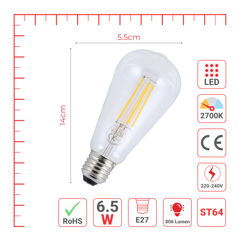 LED лампа ST64 (Ретро, Эдисон услубида), 6.5Вт, 806Лм, Е27, 2700K (илиқ оқ), Шаффоф