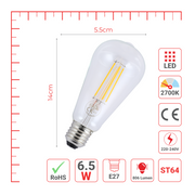 LED лампа ST64 (ретро, эдисон услубида), 6.5Вт, 806Лм, E27, 2700K (илиқ оқ), Шаффоф