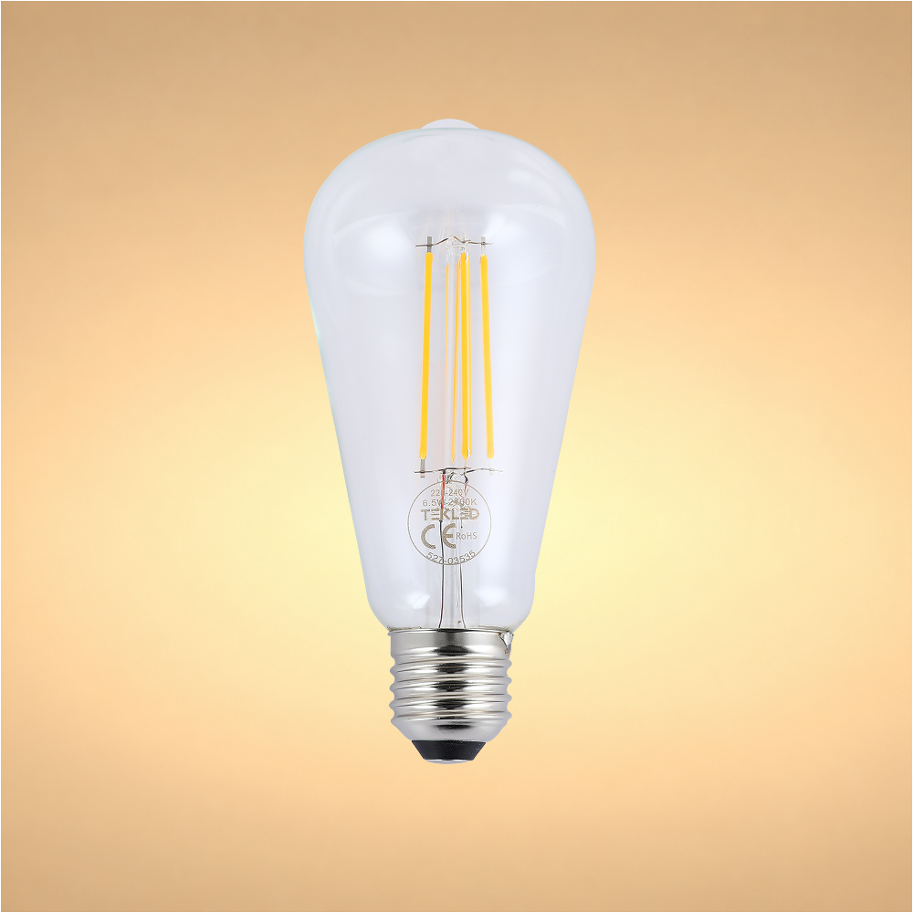 LED лампа ST64 (Ретро, Эдисон услубида), 6.5Вт, 806Лм, Е27, 2700K (илиқ оқ), Шаффоф
