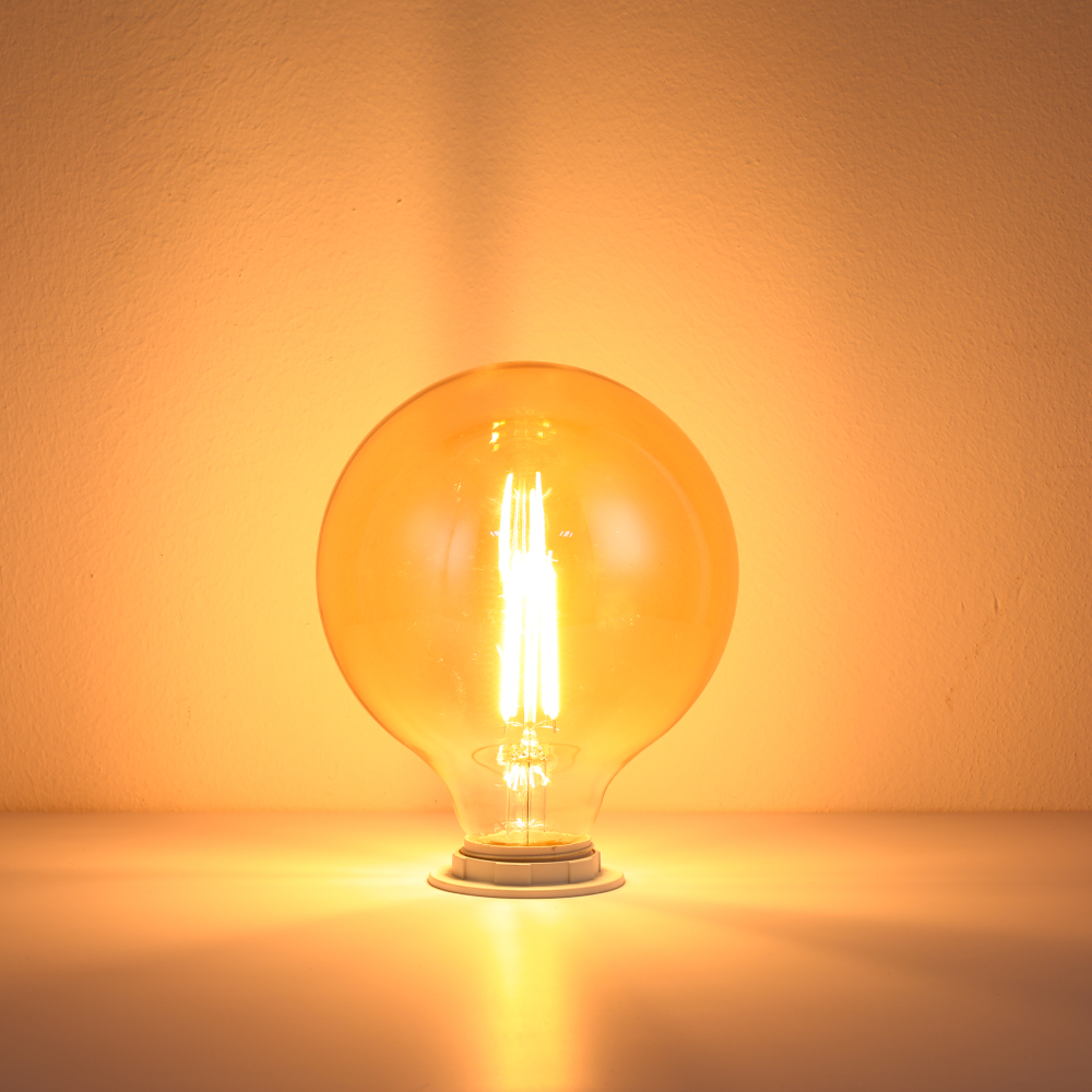 LED лампа G125 (шар шаклида), 6.5Вт, 680Лм, E27, 2400K (илиқ оқ), Янтарь ранг