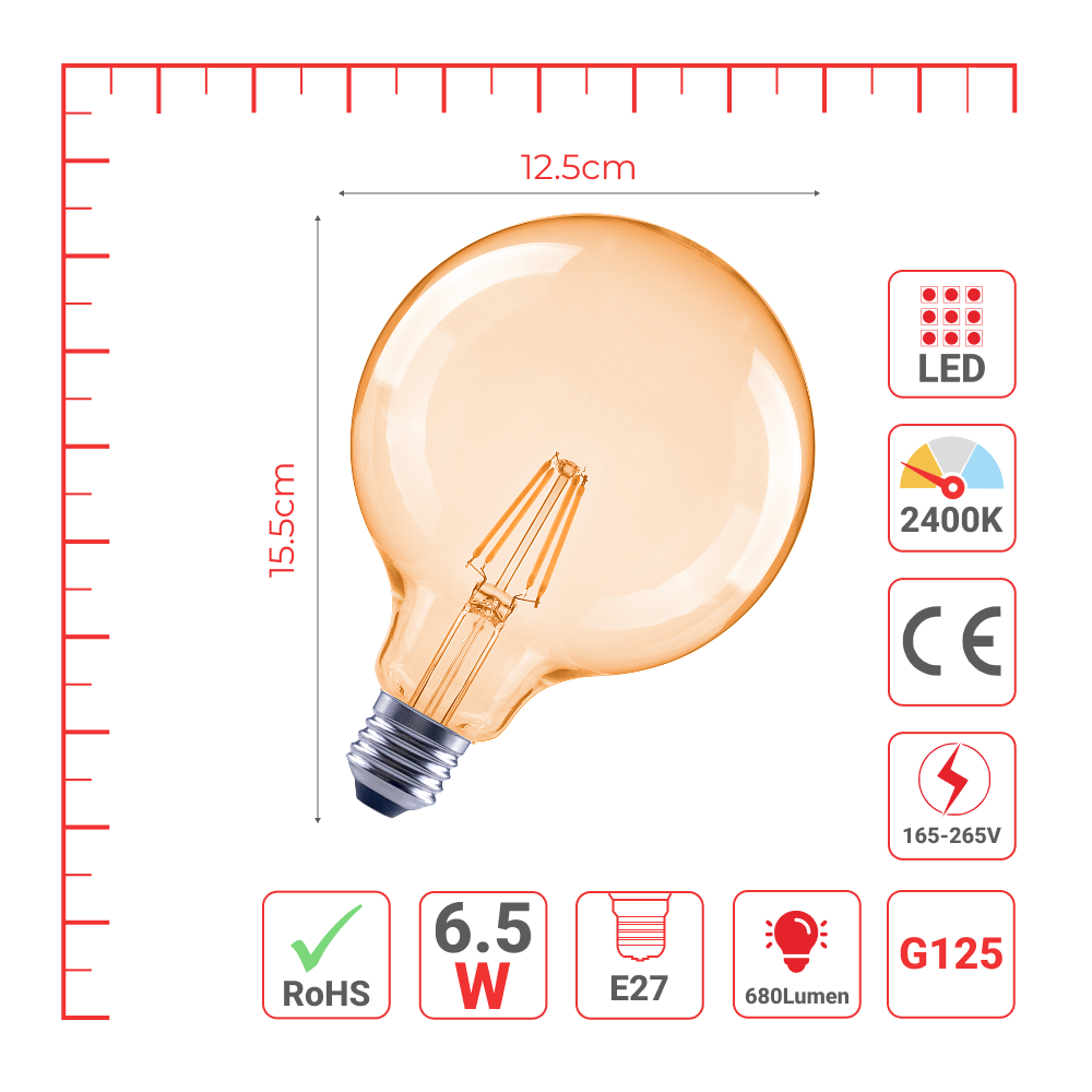 LED лампа G125 (шар шаклида), 6.5Вт, 680Лм, E27, 2400K (илиқ оқ), Янтарь ранг