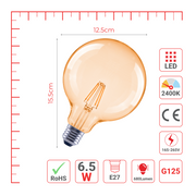 LED лампа G125 (шар шаклида), 6.5Вт, 680Лм, E27, 2400K (илиқ оқ), Янтарь ранг