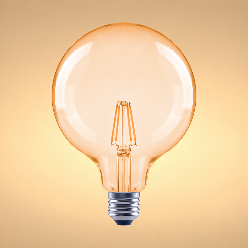 LED лампа G125 (шар шаклида), 6.5Вт, 680Лм, E27, 2400K (илиқ оқ), Янтарь ранг