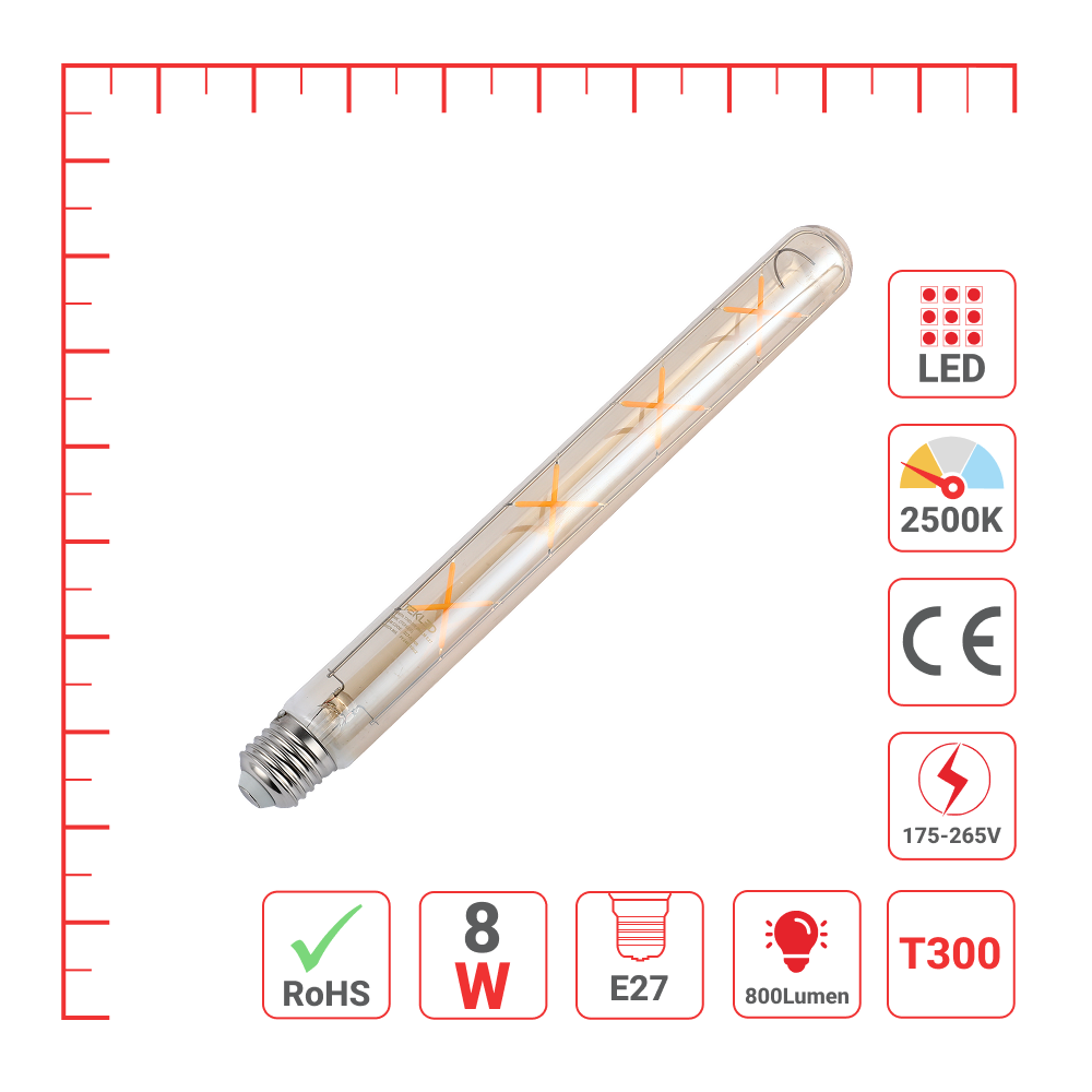 LED лампа T300 (найсимон), 8Вт, 800Лм, E27, 2500K (илиқ оқ)