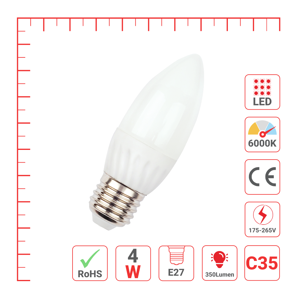 LED лампа C35 (шам шаклида), 4Вт, 350Лм, E27 (ECOLITE), 6000K (совуқ оқ)