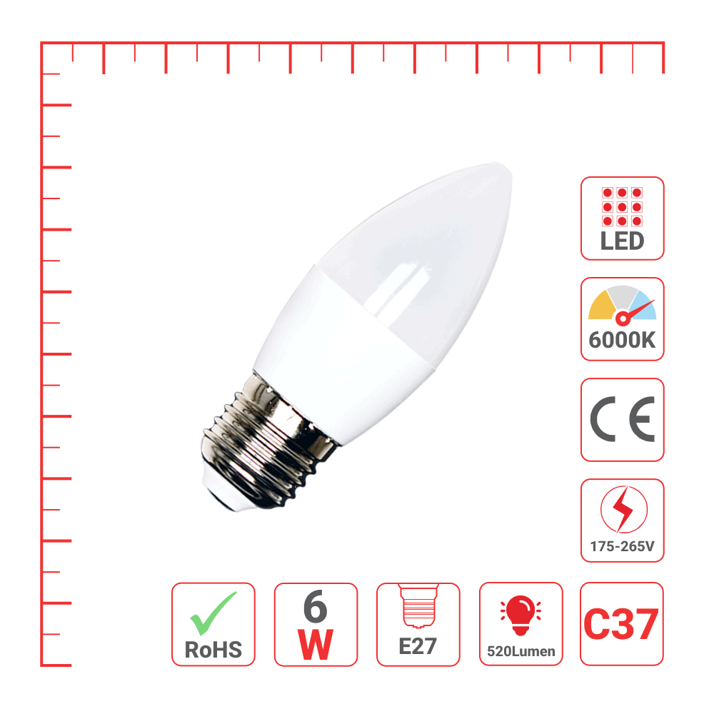 LED лампа C37 (шам шаклида), 6Вт, 520Лм, E27 (ЭСОЛИТЕ), 6000K (совуқ оқ)