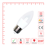 LED лампа C37 (шам шаклида), 6Вт, 520Лм, E27 (ECOLITE), 6000K (совуқ оқ)