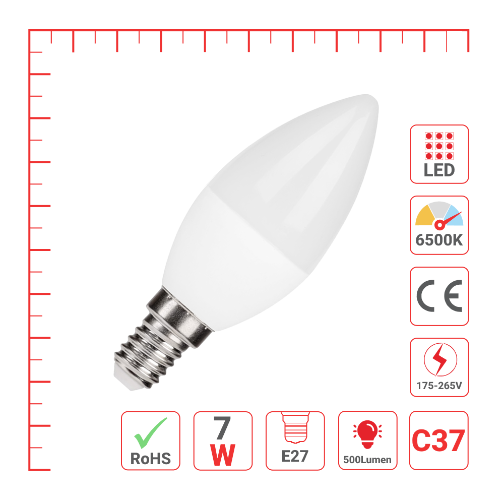 LED лампа C37 (шам шаклида), 7Вт, E27 (HAIGER), 6000K (совуқ оқ)