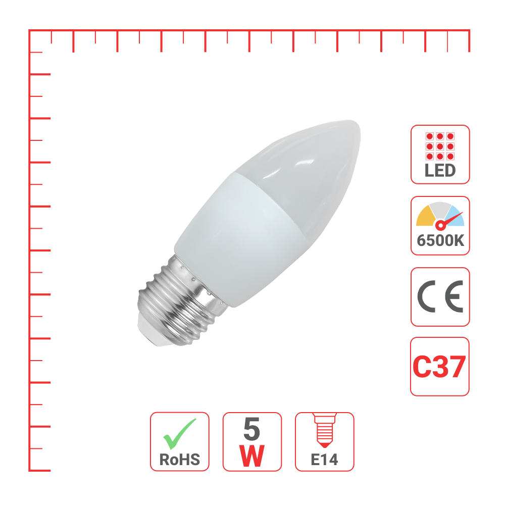 LED чироқ C37 (шам шаклида), 5 Вт, E14 (ҲАИГЕР), 6500K (совуқ оқ)