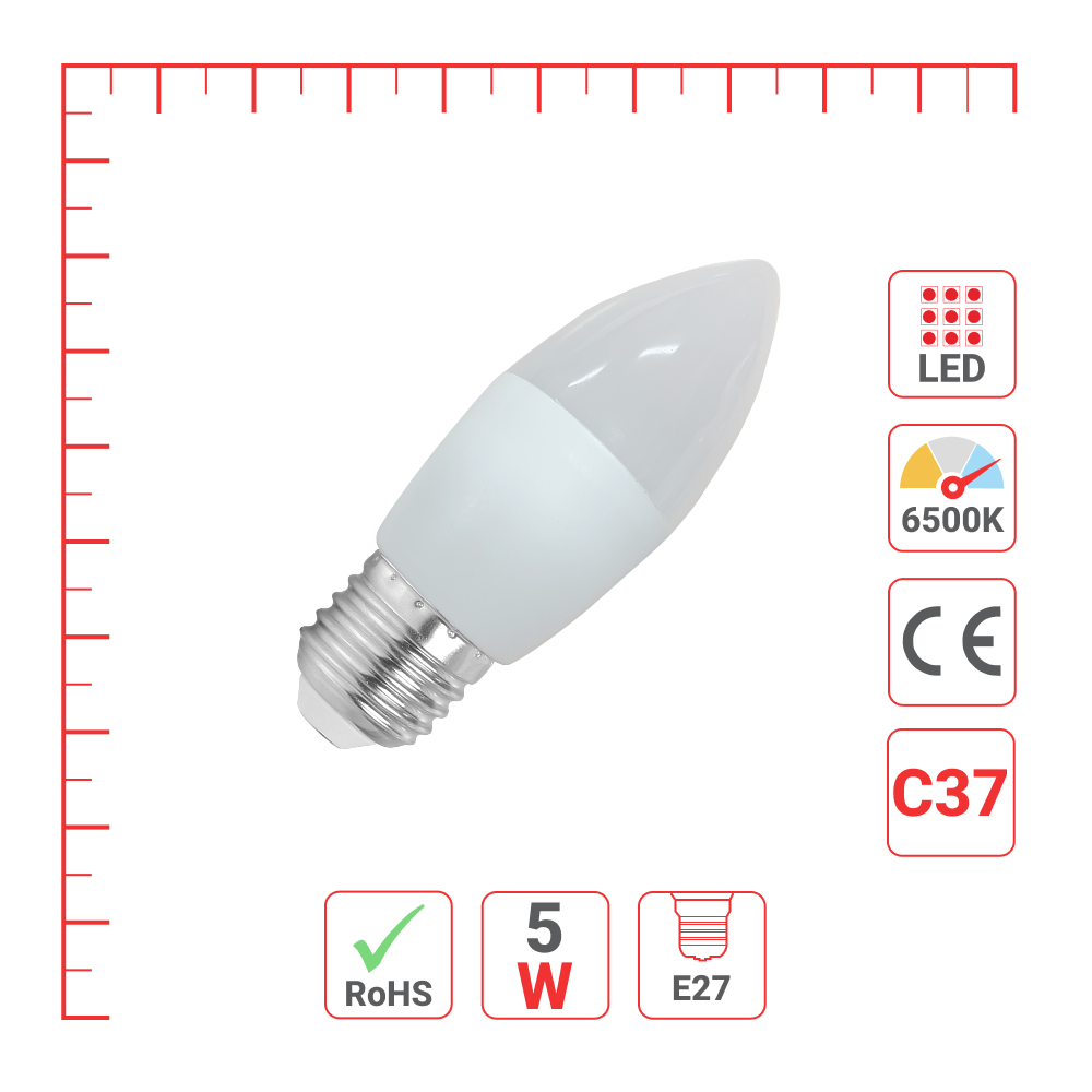 LED лампа C37 (шам шаклида), 5Вт, E27 (HAIGER), 6500K (совуқ оқ)