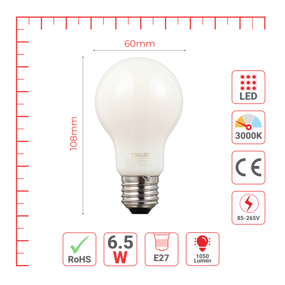 LED лампа A60 (нок шаклида), 6.5Вт, E27