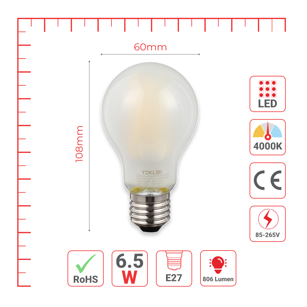 LED лампа A60 (нок шаклида), 6.5Вт, E27