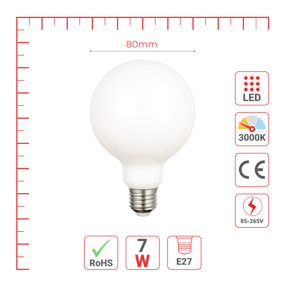 LED лампа G80 (шарсимон), 7Вт, Е27, 3000К (илиқ оқ), Сутсимон (милкй)