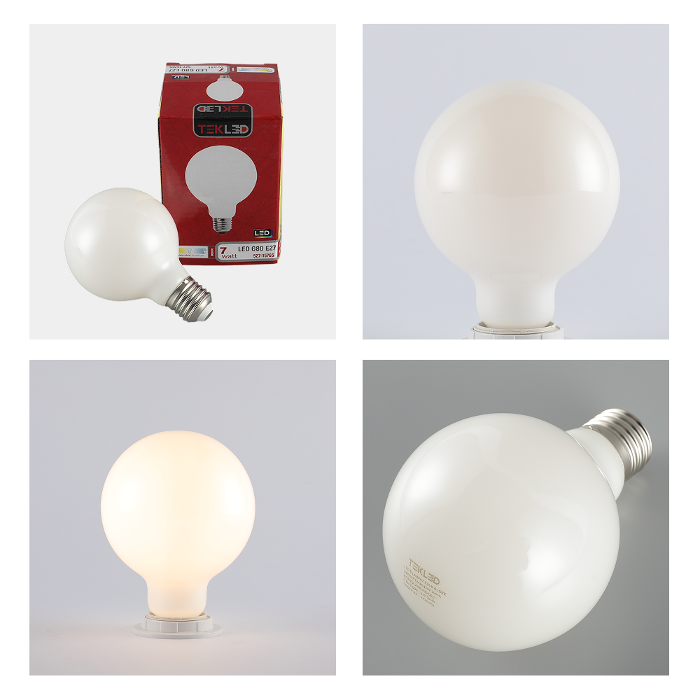 LED лампа G80 (шарсимон), 7Вт, Е27, 3000К (илиқ оқ), Сутсимон (милкй)