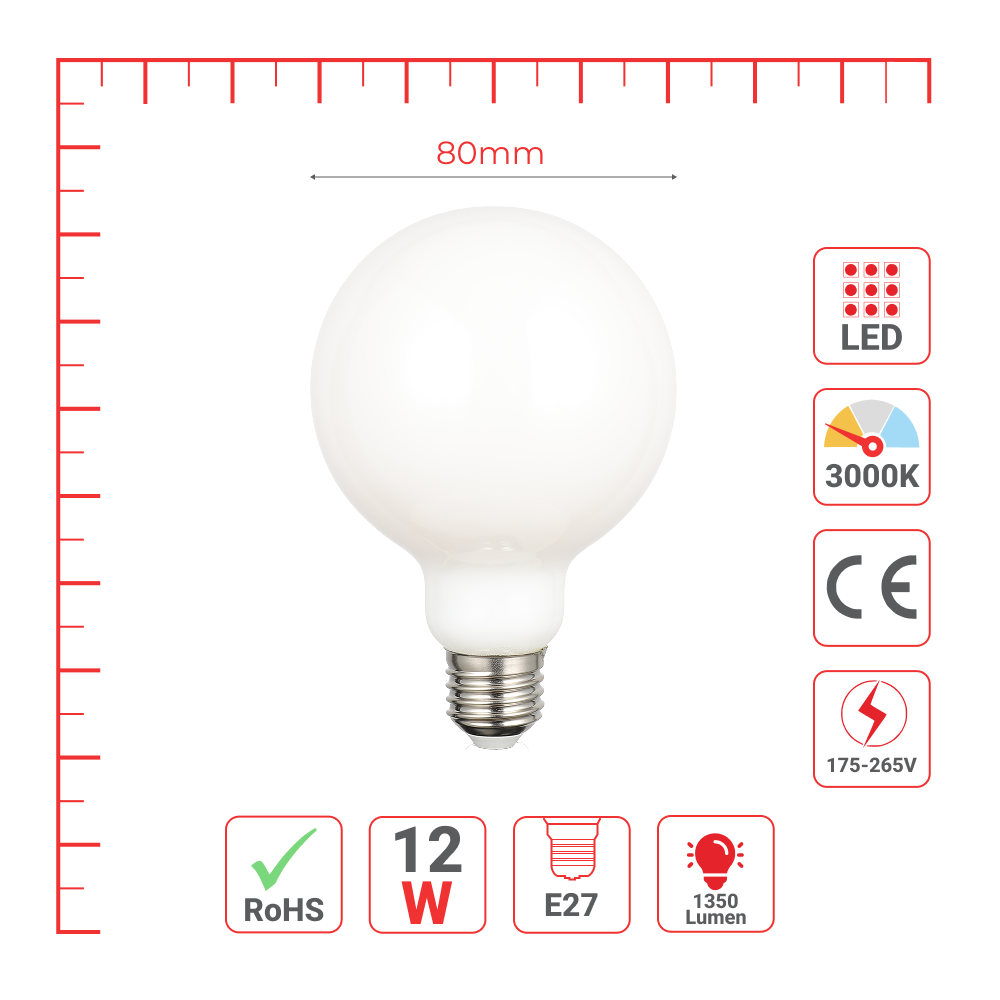 LED лампа G80 (шар шаклида), 12Vt, 1350Lm, E27, Сутранг (милкй)