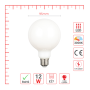 LED лампа G95 (шар шаклида), 12Вт, 1350Лм, E27, Молочная (milky)