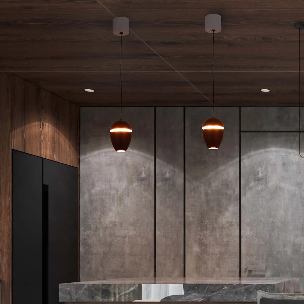 Stylish acorn LED pendant downlight illuminating a modern kitchen with warm white glow, enhancing contemporary decor and cove lighting effects.150-19072