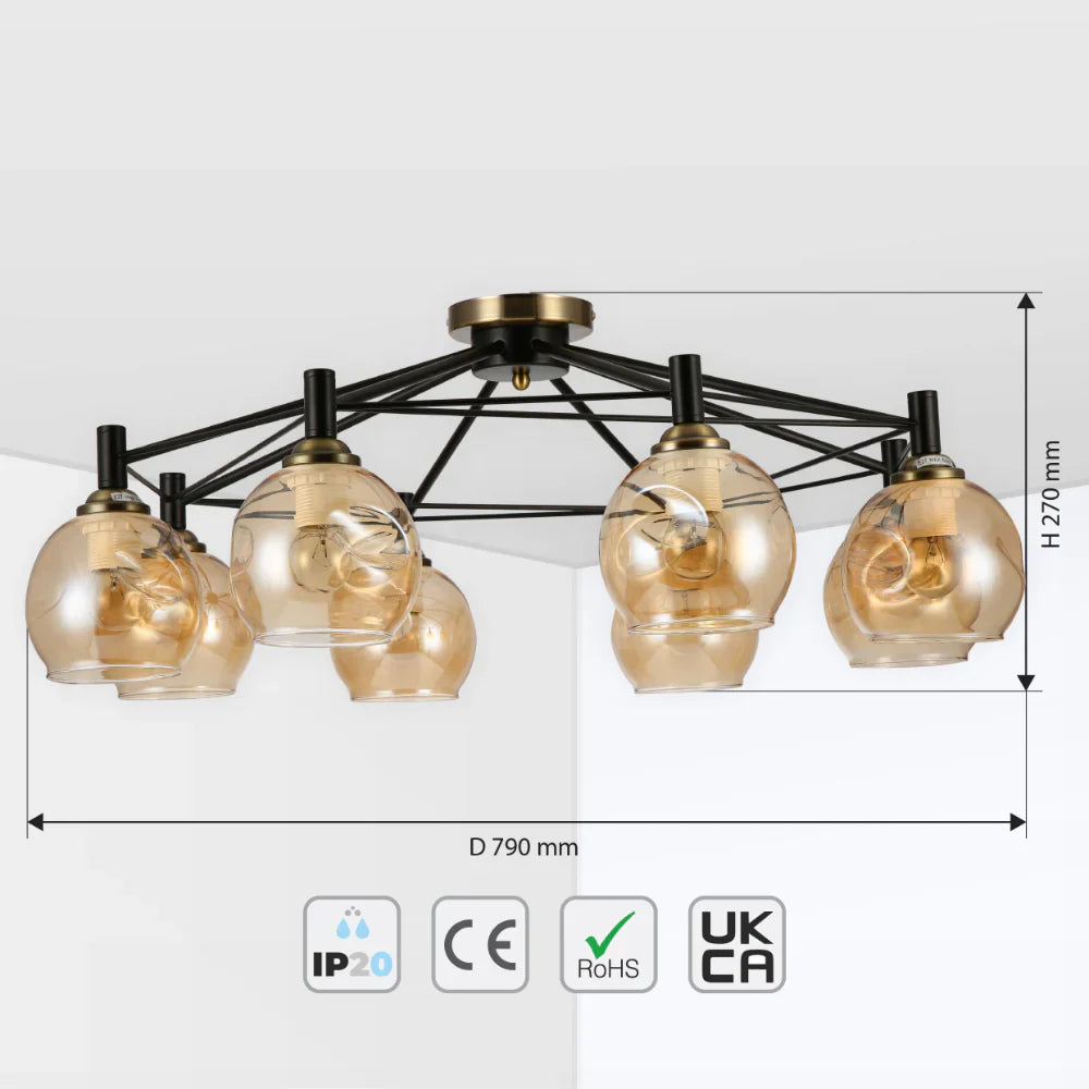 Amber Bell Glass Black Metal Semi Flush Ceiling Light