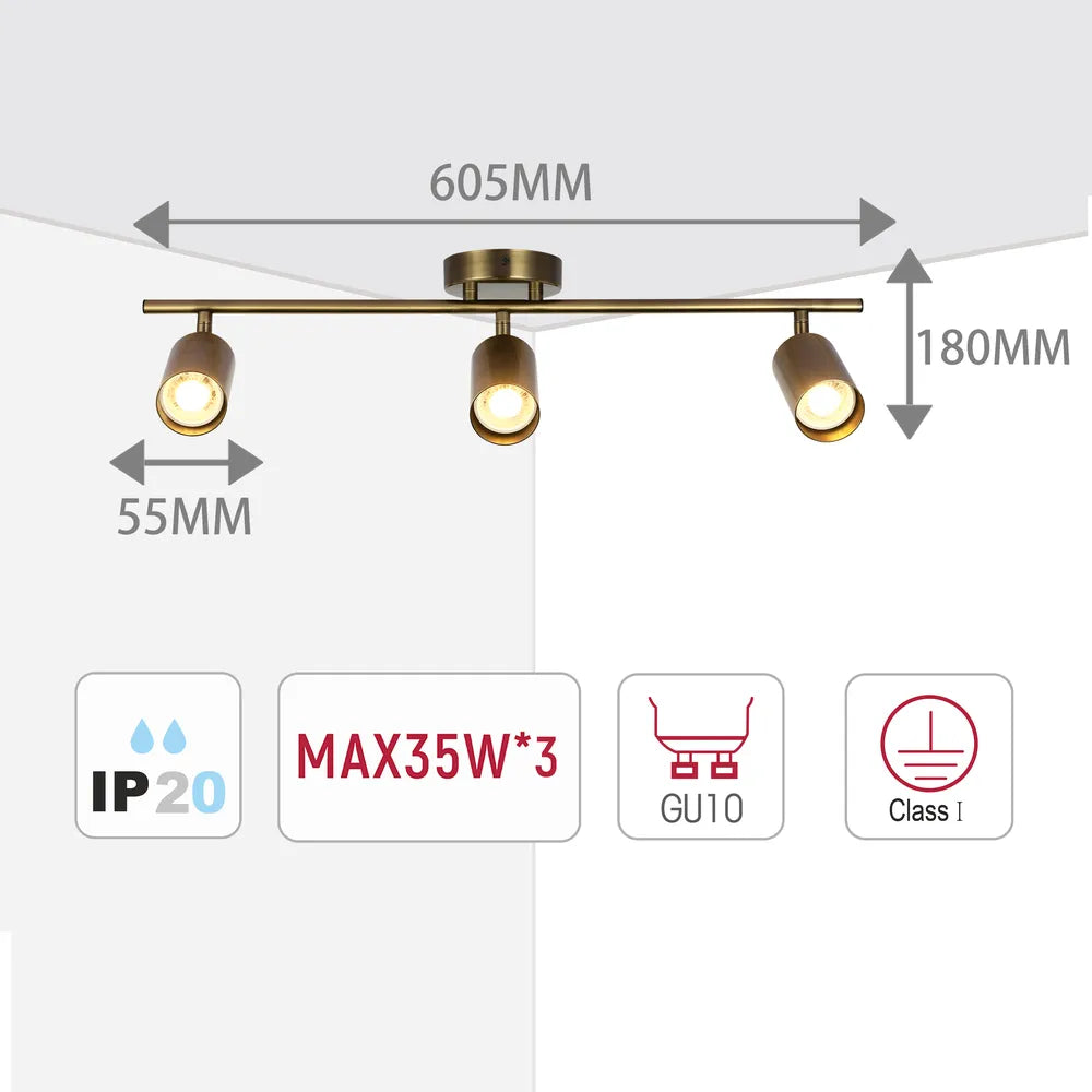 Size and technical specs of the Antique Brass GU10 Spotlight Bar-172-030623