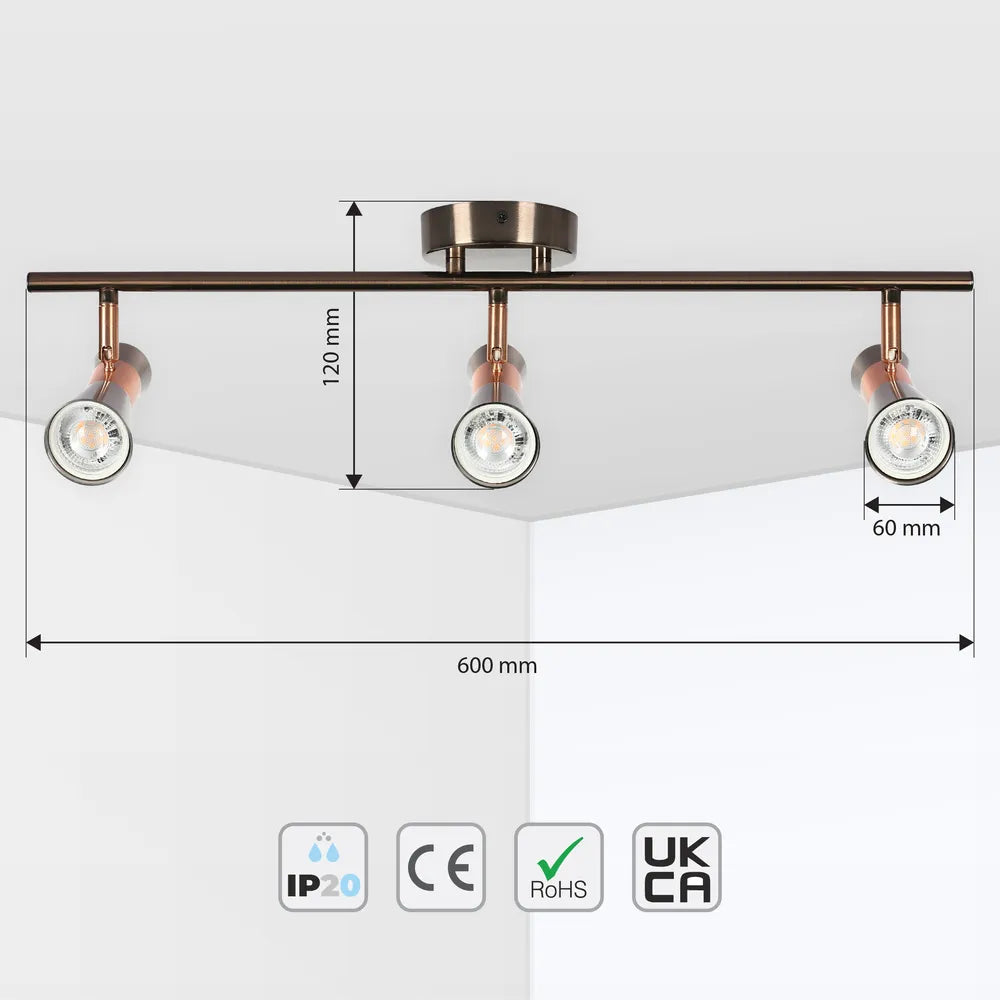 Size and technical specs of the Antique Bronze & Copper Adjustable Track Spotlights-172-03140