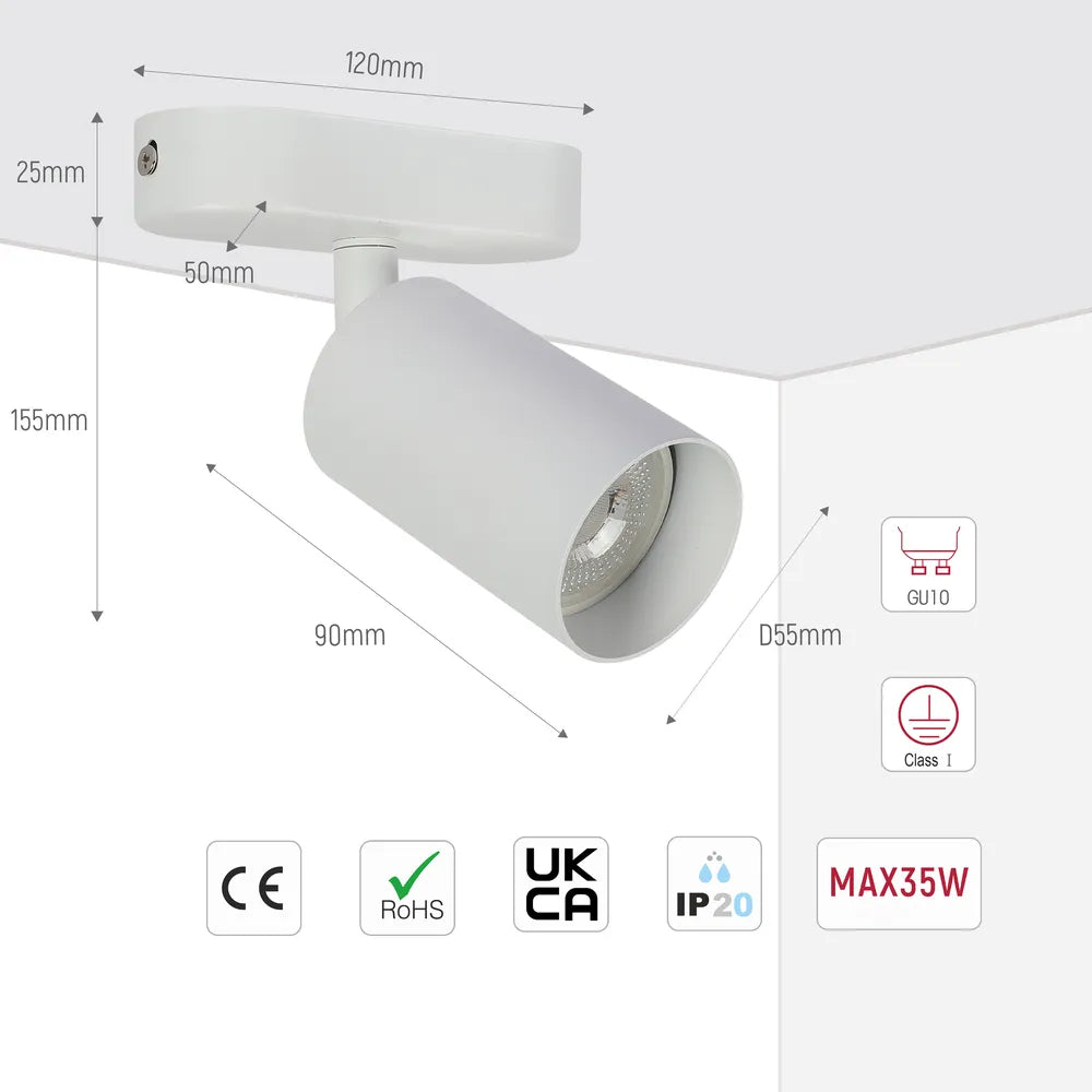 Size and technical specs of the Beam Cylinder GU10 Spotlight-172-03047