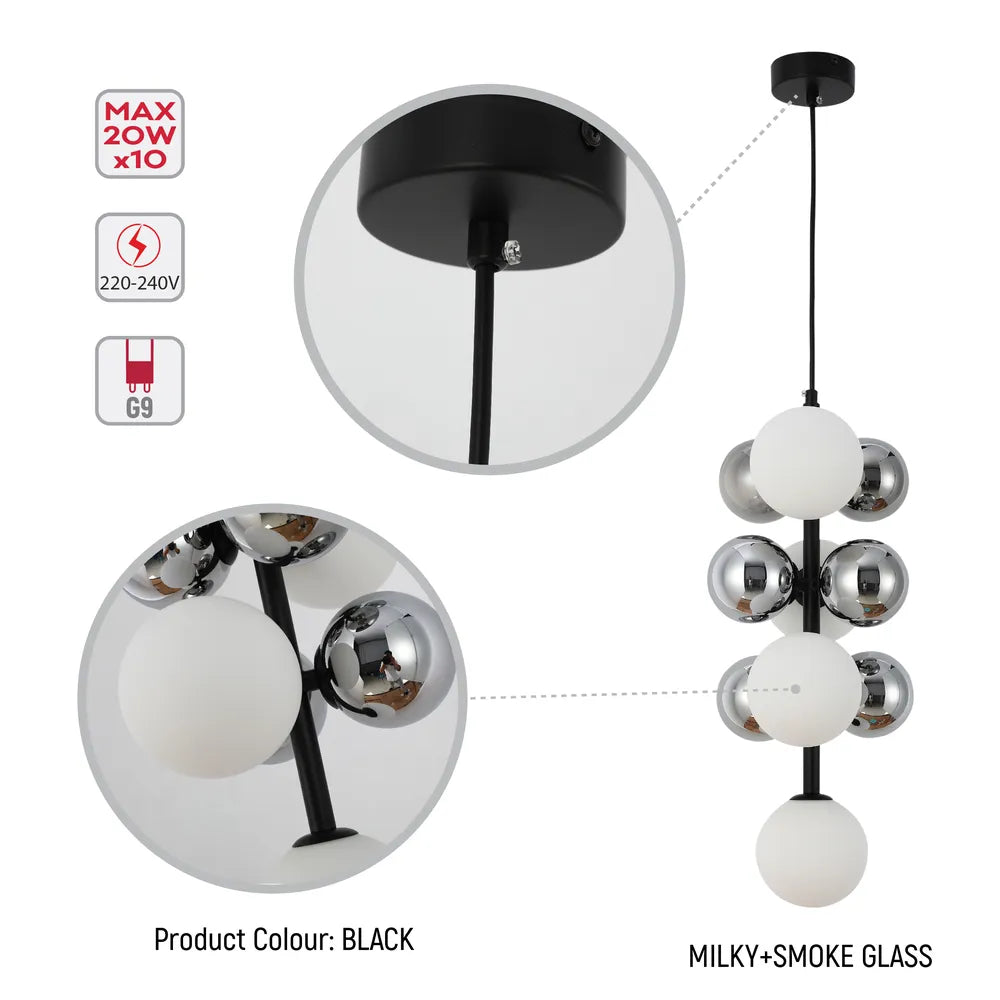 Details of the Black Chandelier 68100-10 Milky+Smoke Glass 10xG9(TEKLED)-159-18284-159-18284