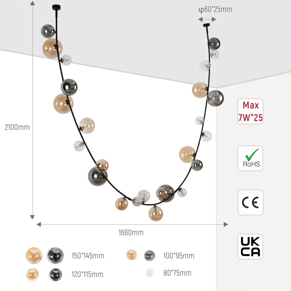 Size and technical specs of the Black Chandelier 68126-D Colorful Glass 25xG9(TEKLED)-159-18294-159-18294