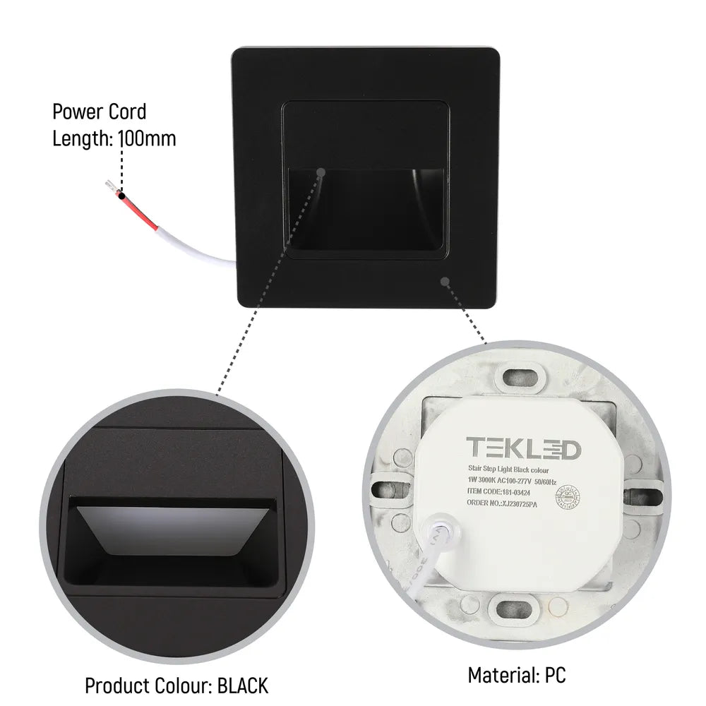 Size and technical specs of the Black LED Stair Step Light 1W 3000K (TEKLED)-181-03424