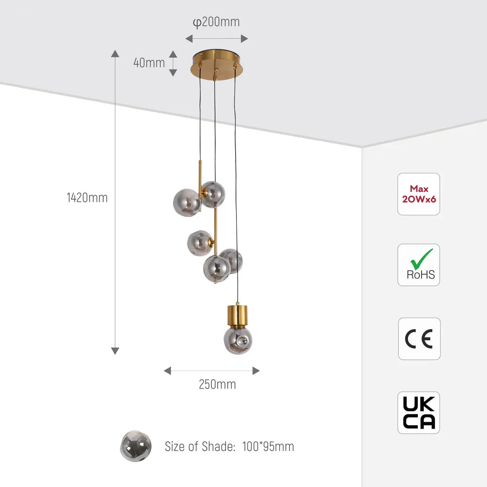 Size and technical specs of the Bronze Chandelier 66804A Smoke Glass 6xG9(TEKLED)-159-18280-159-18280