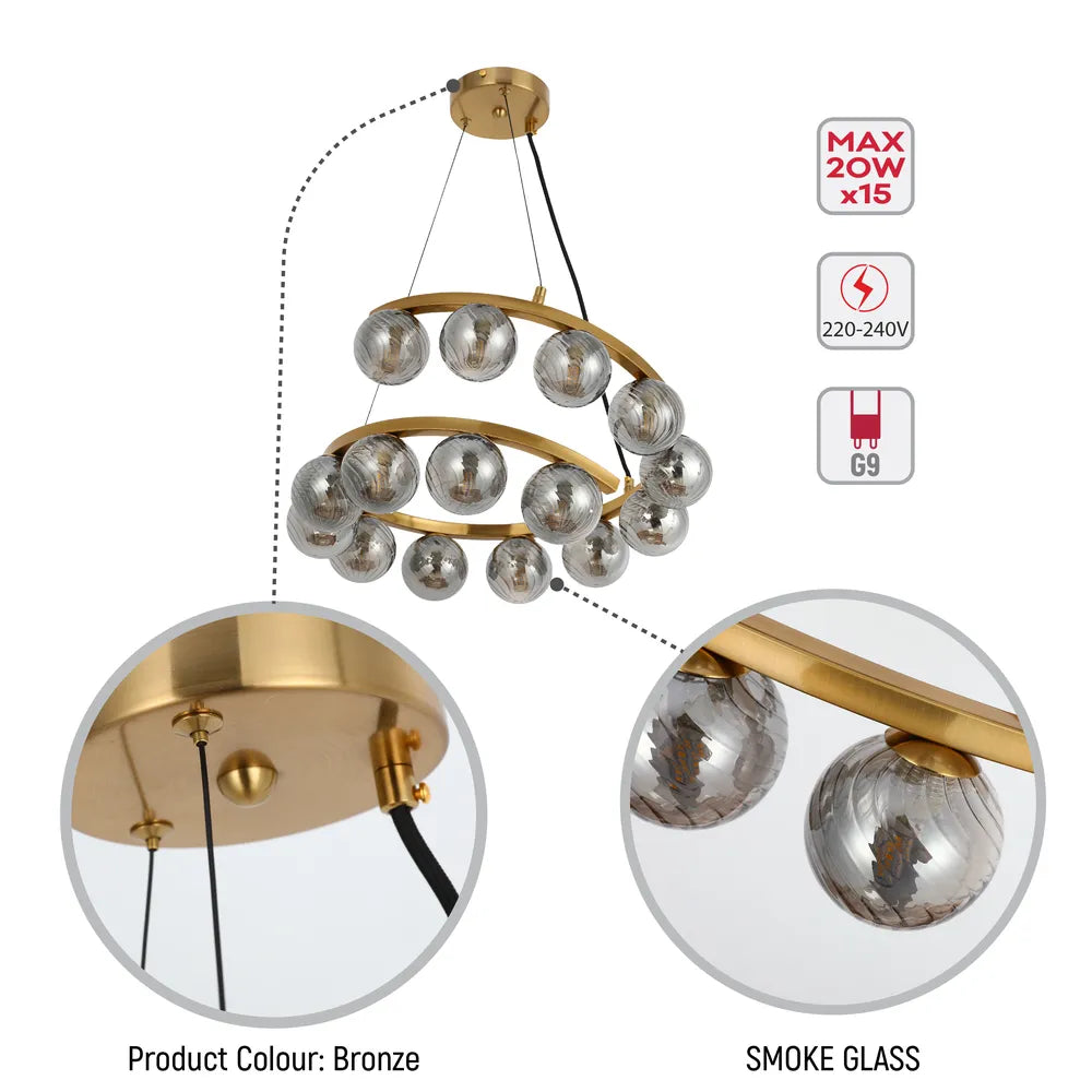 Details of the Bronze Chandelier 67003-400 Smoke Glass 15xG9(TEKLED)-159-18274-159-18274