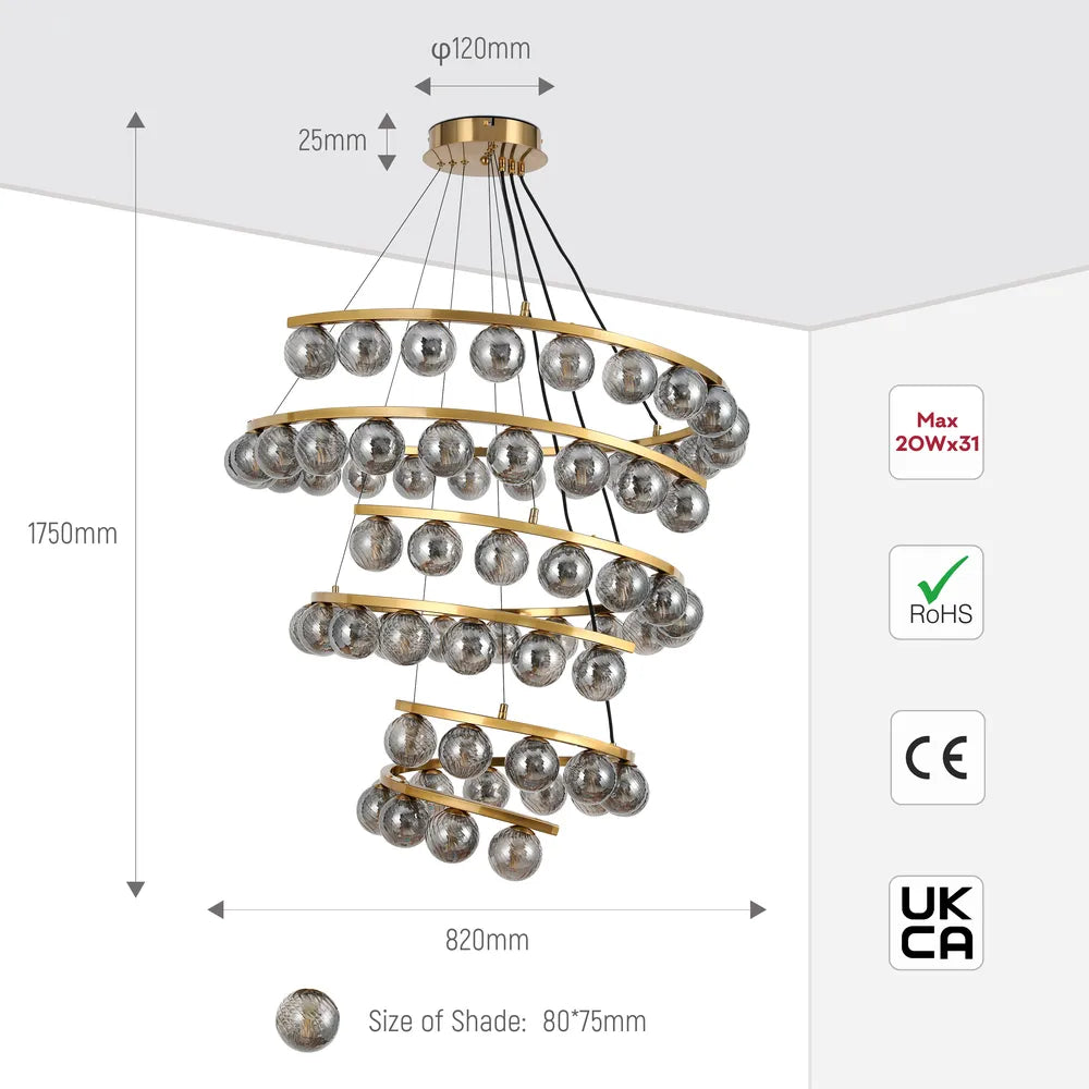 Size and technical specs of the Bronze Chandelier 67003-69 Smoke Glass 31xG9(TEKLED)-159-18278-159-18278