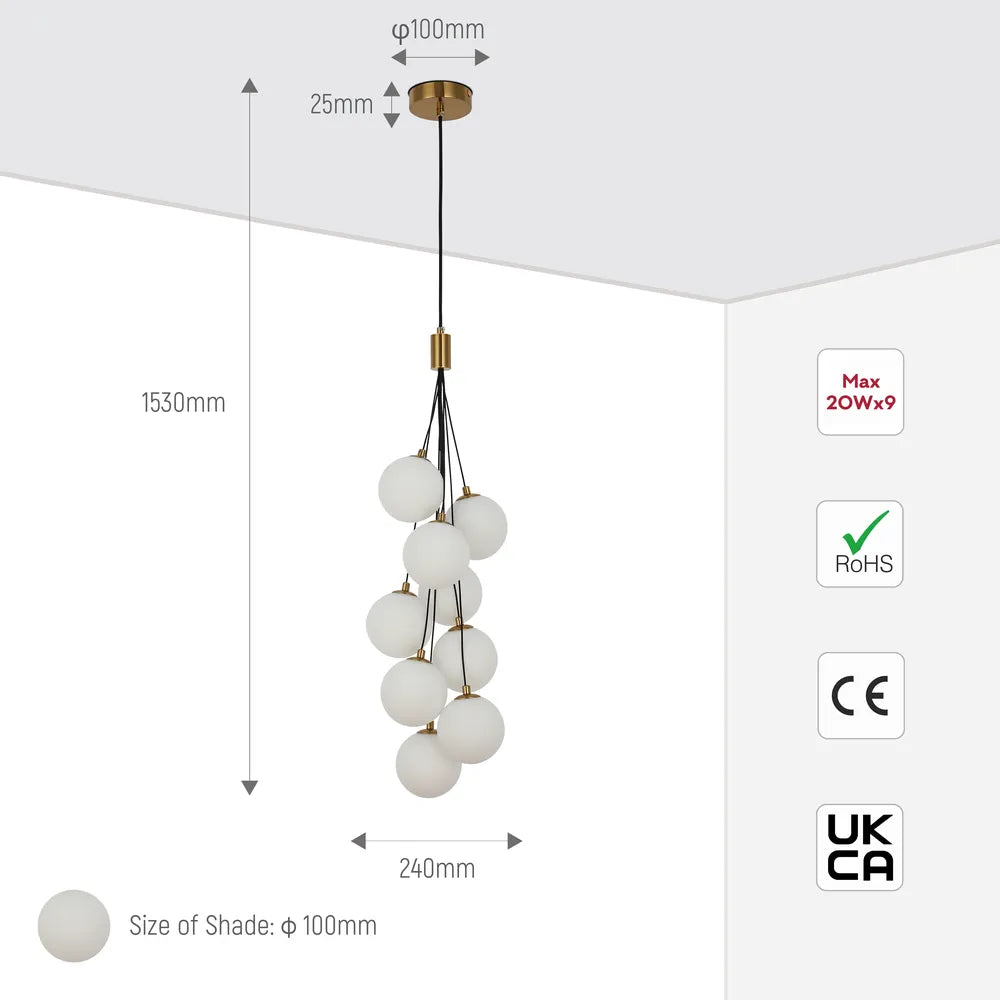 Size and technical specs of the Bronze Chandelier 67067-9 Milky Glass 9xG9(TEKLED)-159-18260-159-18260