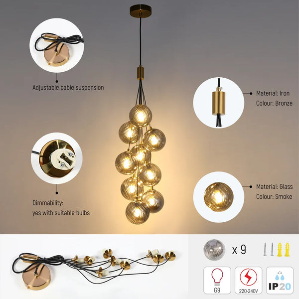 Details of the Bronze Chandelier 67068-9 Smoke Glass 9xG9(TEKLED)-159-18262-159-18262