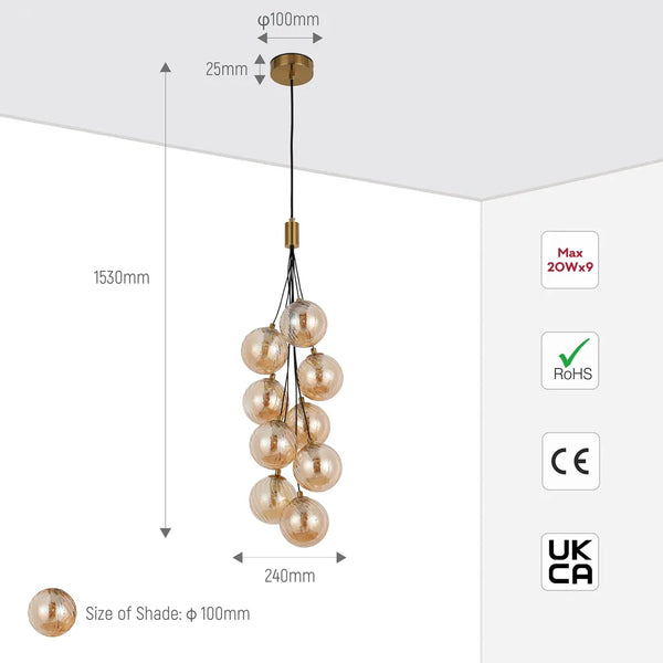Size and technical specs of the Bronze Chandelier 67069-9 Amber Glass 9xG9(TEKLED)-159-18264-159-18264