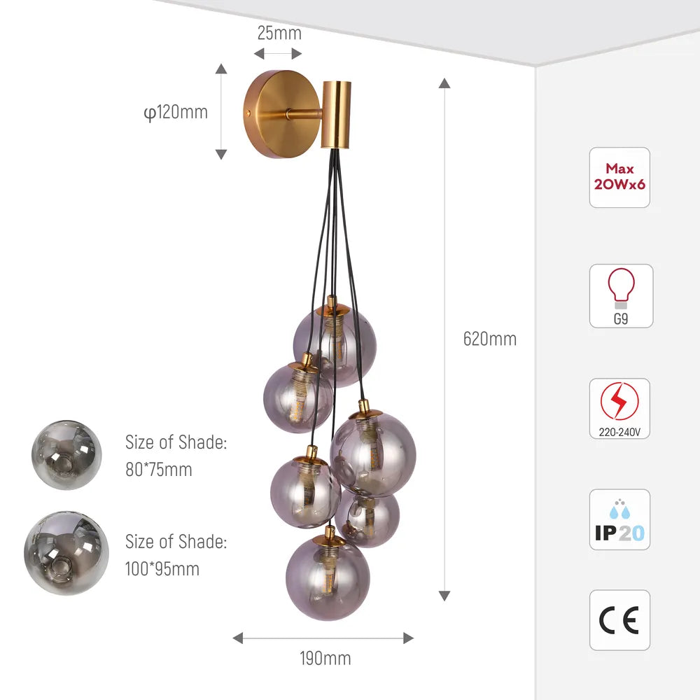 Size and technical specs of the Bronze Wall Light 39307-B Smoke Glass 6xG9(TEKLED)-151-20058-151-20058