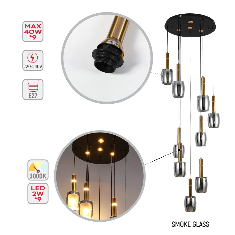 Details of the Chandelier 66898-9A Smoke Glass 9xE27+LED 3000K(TEKLED)-159-18312-159-18312