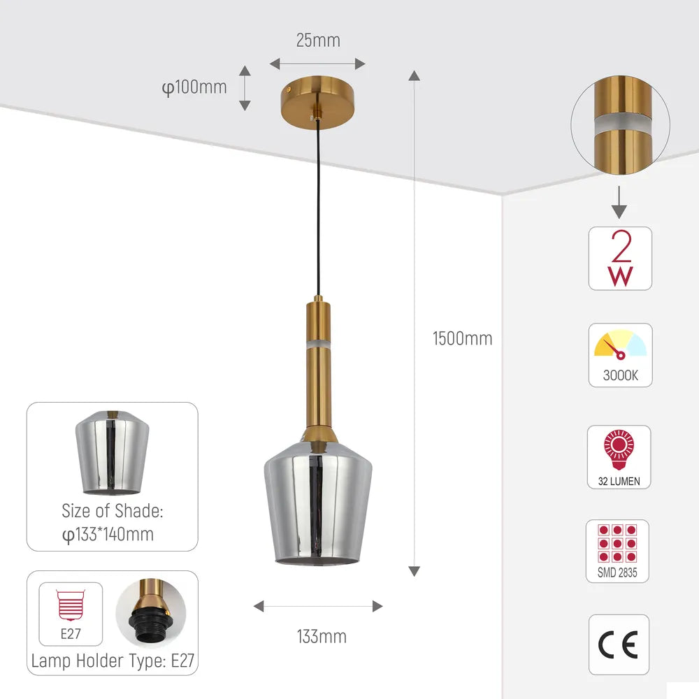 Size and technical specs of the Chandelier 66967-1A Smoke Glass 1xE27+LED 3000K(TEKLED)-159-18298-159-18298