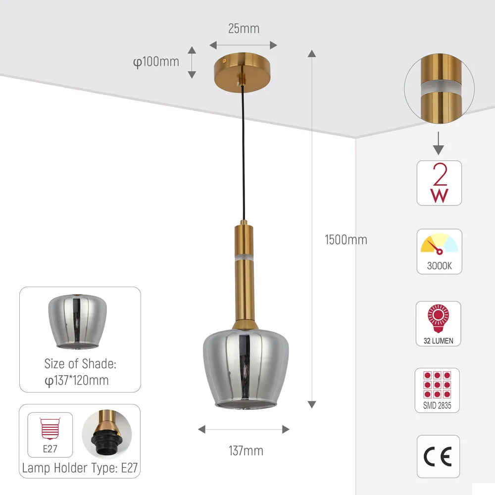 Size and technical specs of the Chandelier 66975-1A Smoke Glass 1xE27+LED 3000K(TEKLED)-159-18304-159-18304