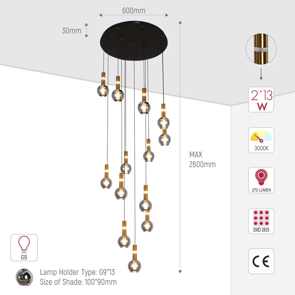 Size and technical specs of the Chandelier 67023-13 Smoke Glass 13xG9+LED 3000K(TEKLED)-159-18268-159-18268