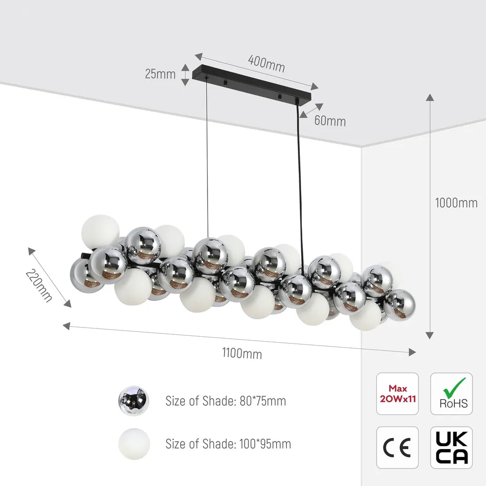 Size and technical specs of the Chandelier 68125 11xG9 White and Chrome Glass(TEKLED)-159-18314-159-18314