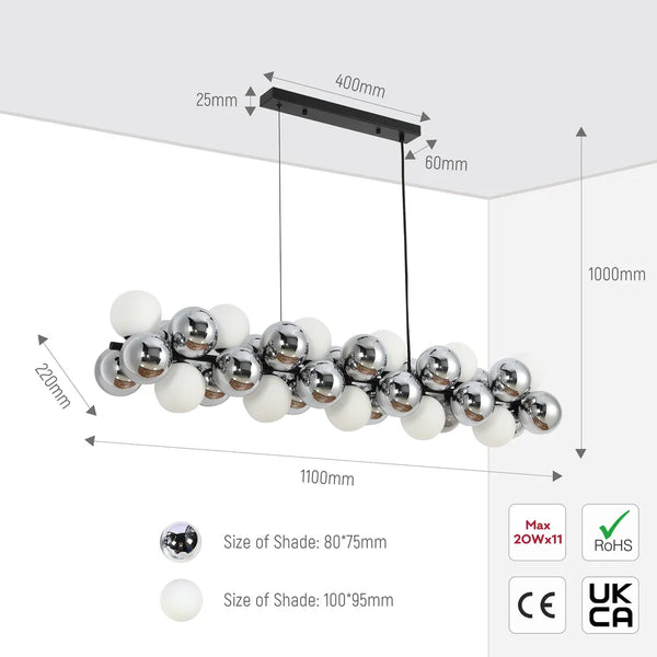 Size and technical specs of the Chandelier 68125 11xG9 White and Chrome Glass(TEKLED)-159-18314-159-18314
