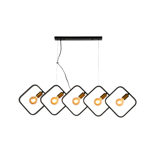 Чёрная квадратная подвесная люстра на 5 ламп, идеальна для кухонного острова в современном интерьере.