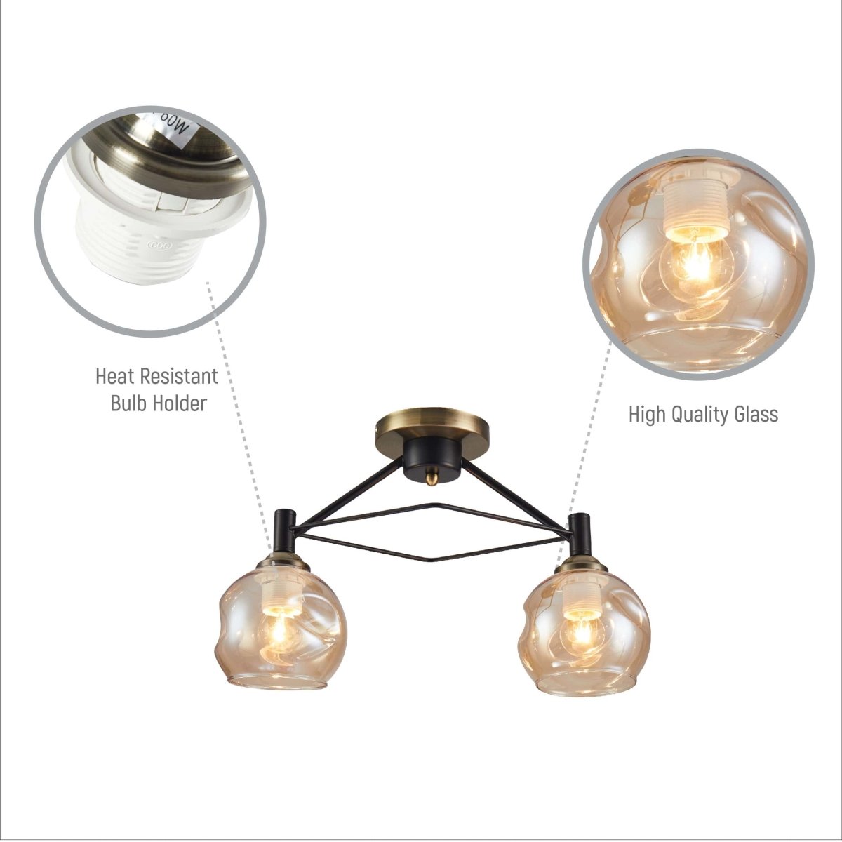 Close up of Amber Bell Glass Black Metal Semi Flush Ceiling Light | TEKLED 158-19886