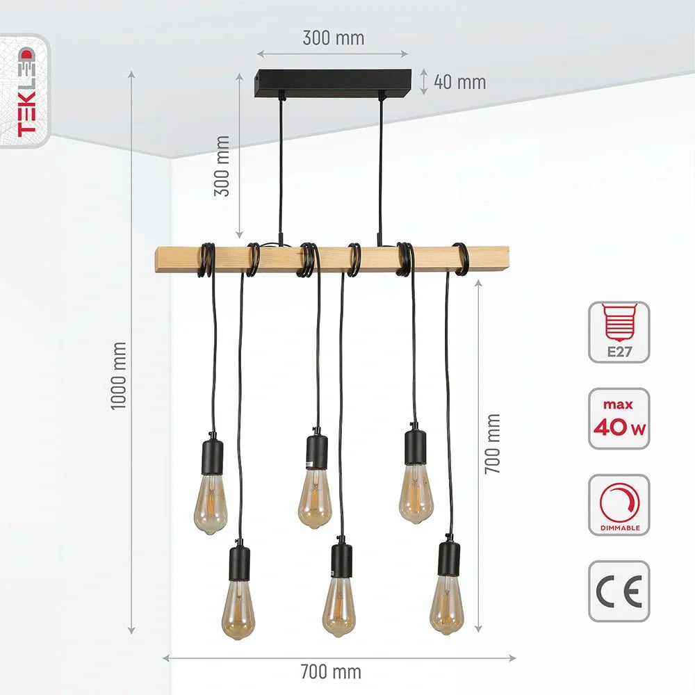 Схема размеров деревянной люстры с шестью патронами E27, идеально подходящей для современных интерьеров.