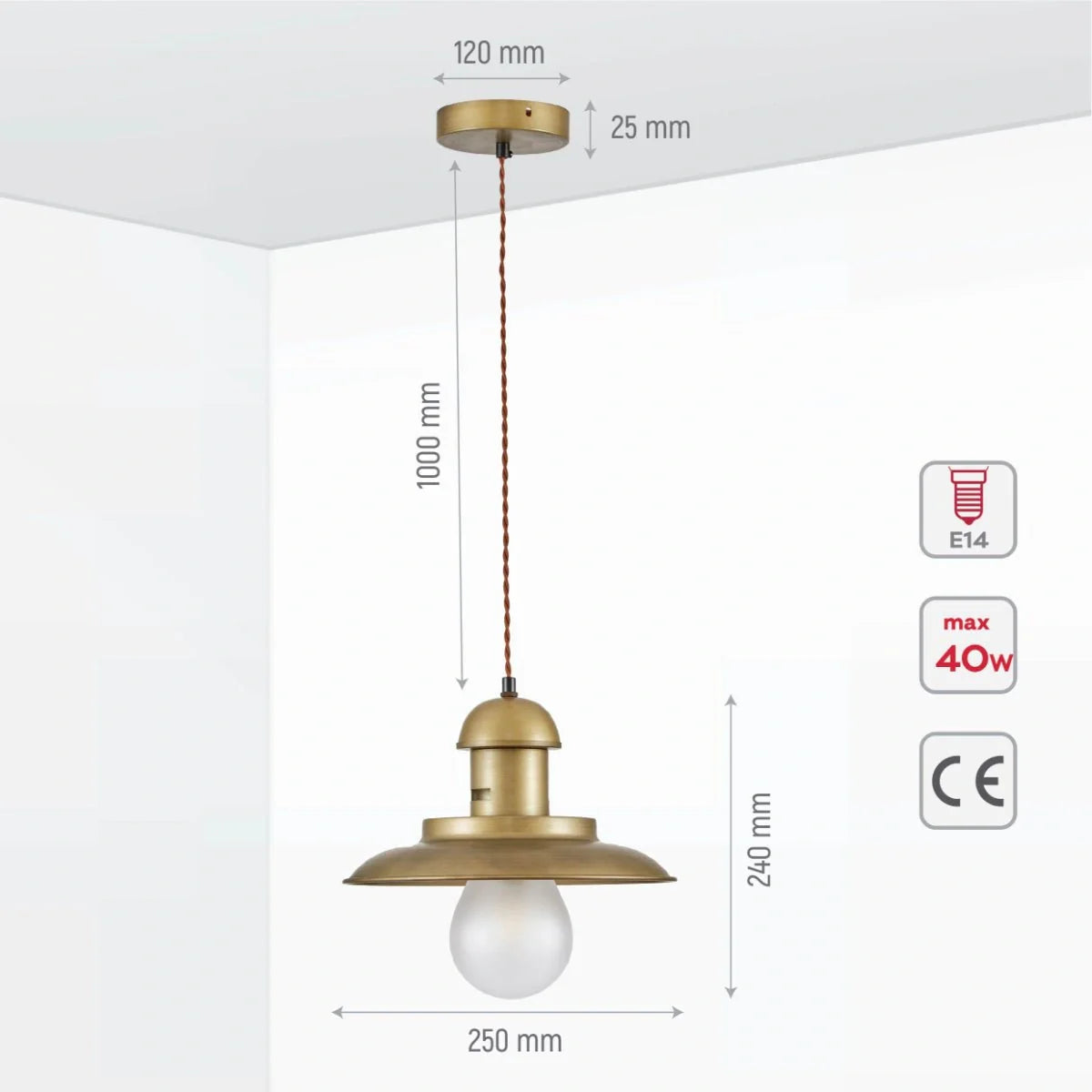 Схема измерений бронзовой металлической подвесной lampы с опаловым стеклом, подходящей для современных интерьеров.