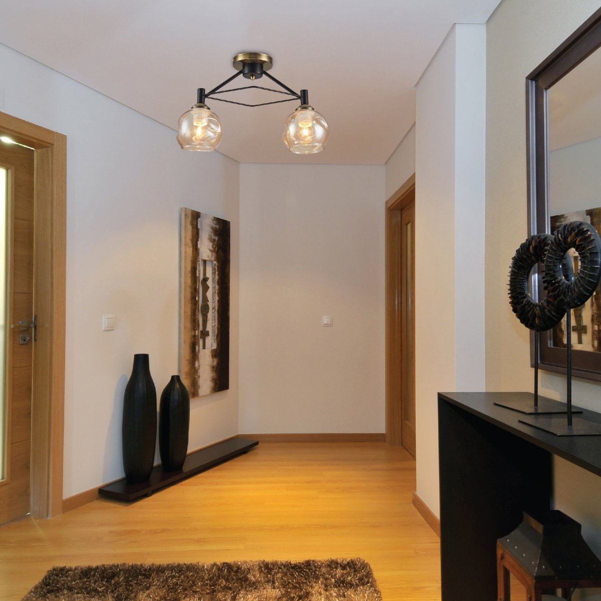 Living room kitchen bedroom use of Amber Bell Glass Black Metal Semi Flush Ceiling Light | TEKLED 158-19886