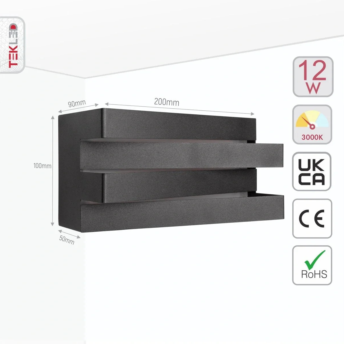 Технические характеристики LED настенного светильника с черным металл. каркасом, мощностью 12W, теплый белый свет 3000K.