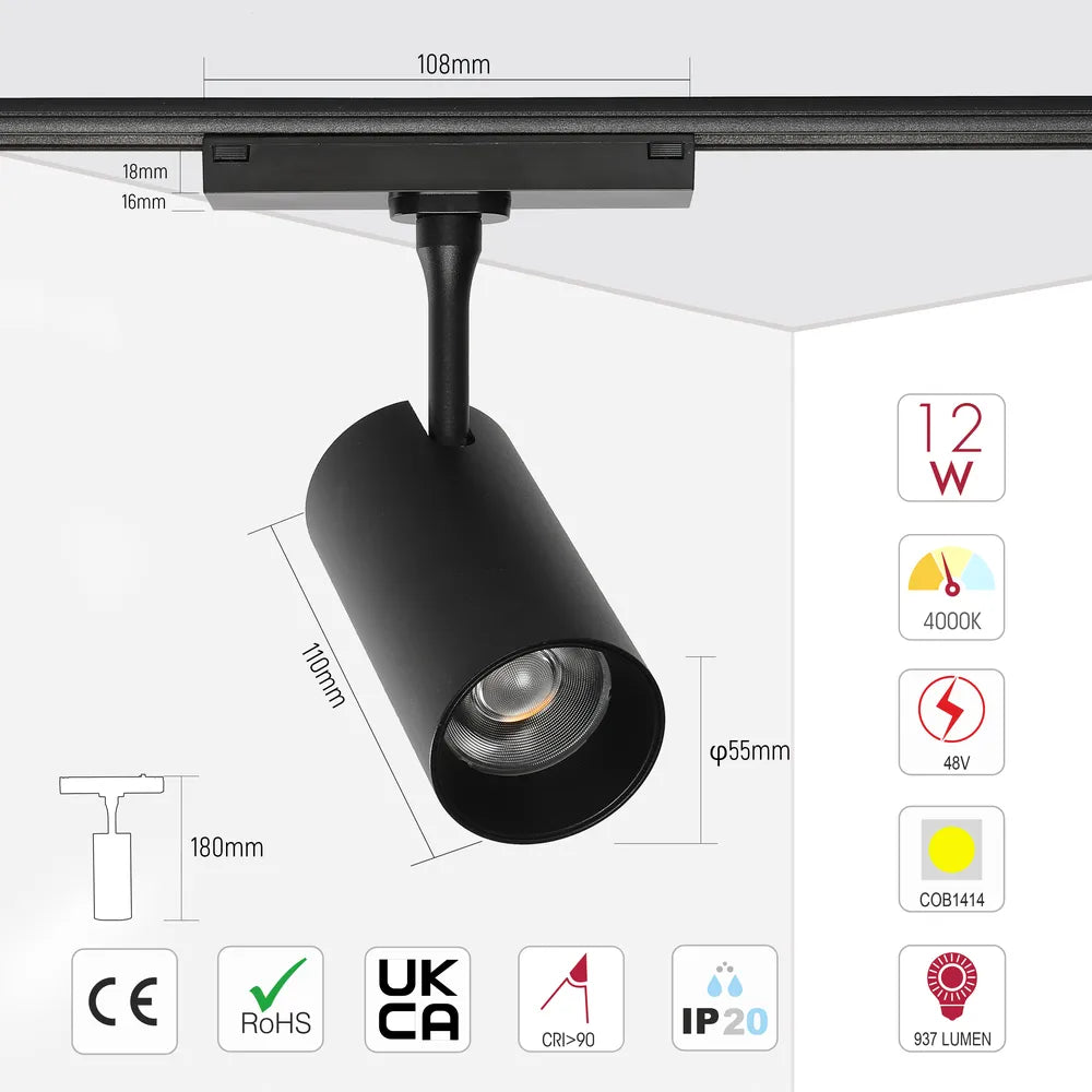 Size and technical specs of the LED Cylinder Magnetic Rotatable Track Light 12W 48V Black 4000K(TEKLED)-169-03101-169-03101